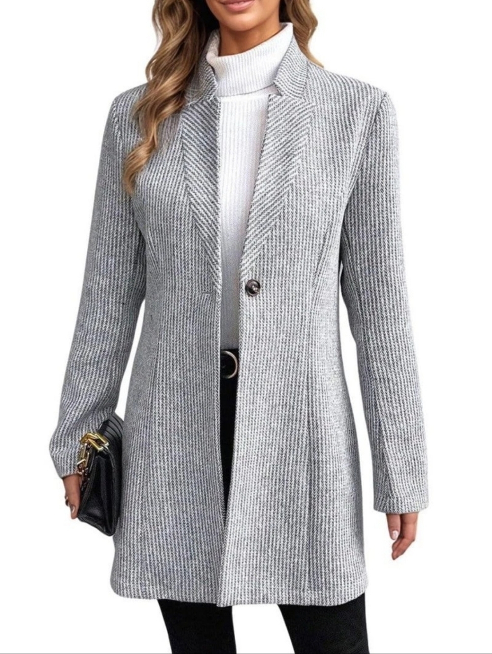 Grey Ribbed Single-Button Long Blazer Coat